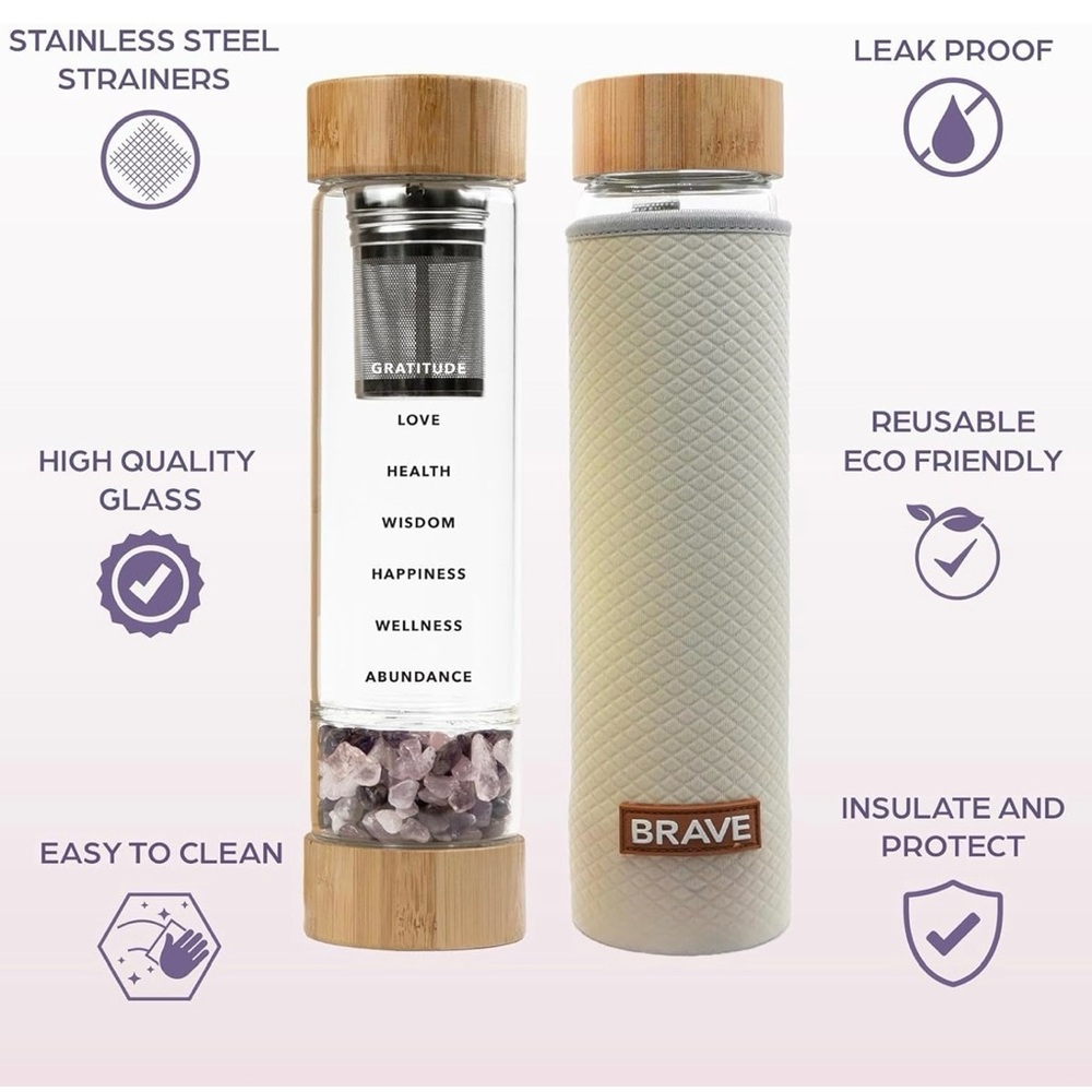 Rose Quartz & Amethyst Infused Water Bottle with Protective Sleeve NWT - Picture 8 of 12